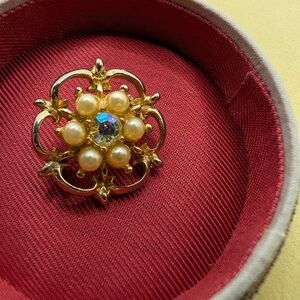 Rare Vintage Gold and Pearl Brooch with Blue Accent